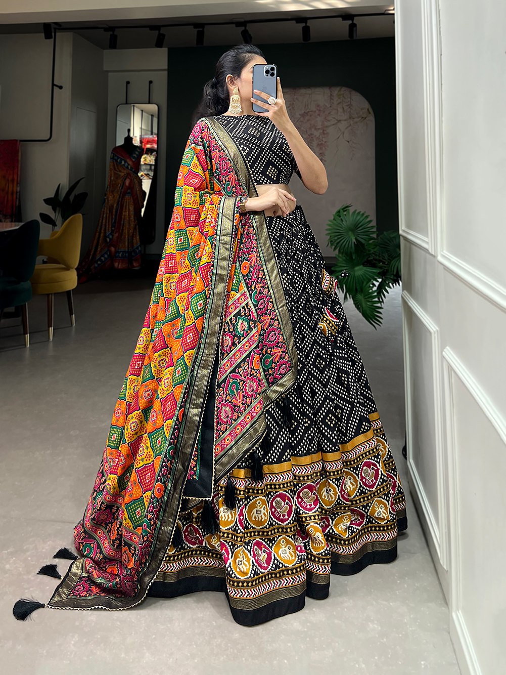 Black Bandhani Print Lehenga Choli with Multicolor Patola Dupatta