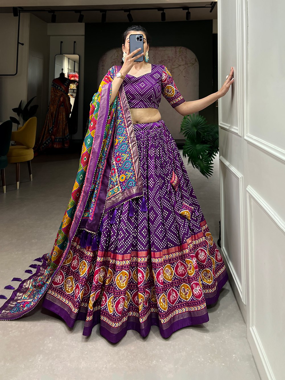 Purple Bandhani Print Lehenga Choli with Multicolor Patola Dupatta