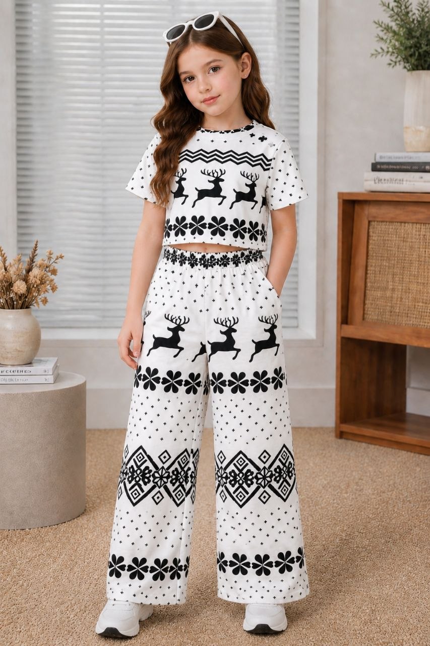 Girls White & Black Printed Co-Ord Set