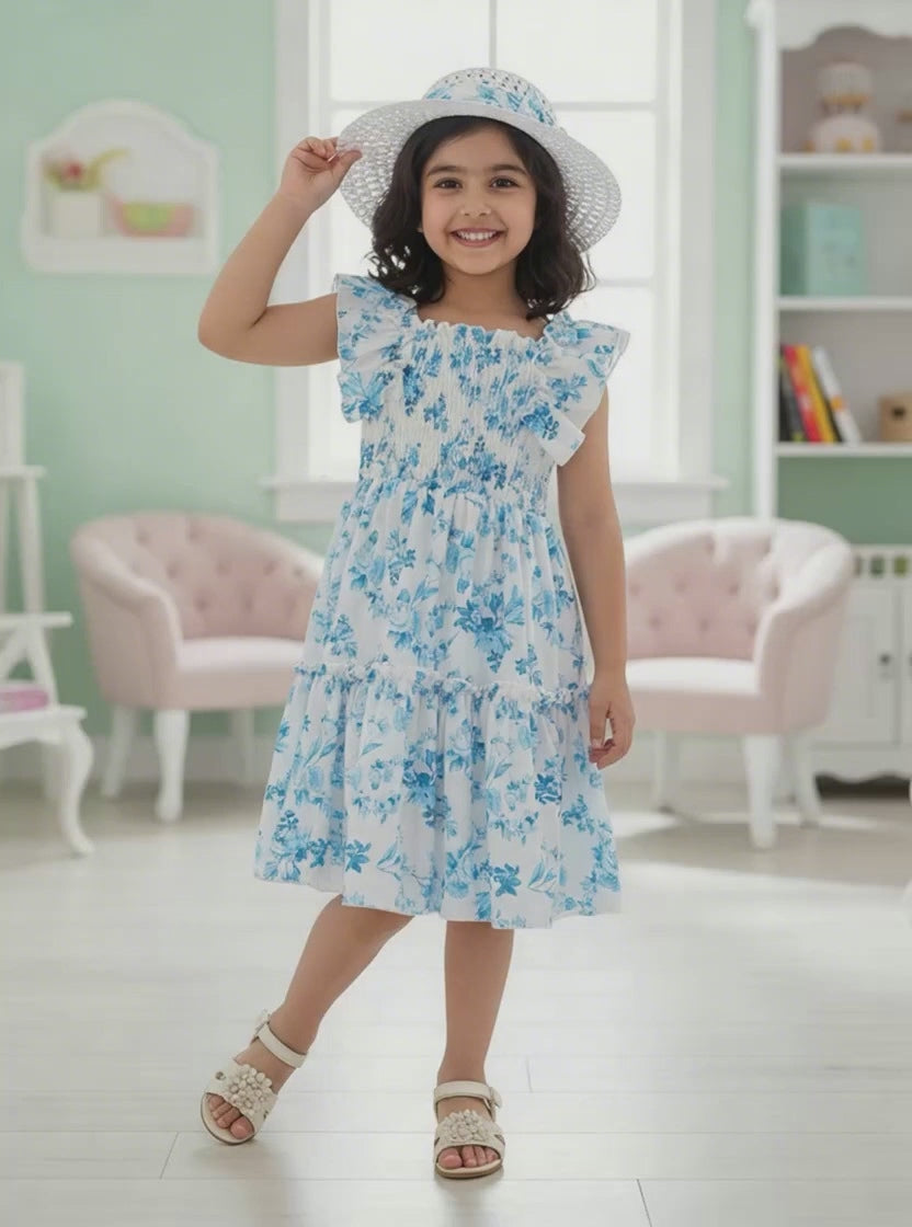 Glamgait White Floral Printed Flared Sleeve Girls Dress