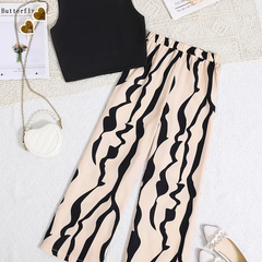 Girls Black Crop Top with Beige & Black Printed Wide Pants