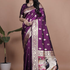 Elegant Purple Silk Saree with Peacock Design and Golden Border