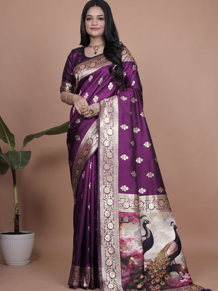 Elegant Purple Silk Saree with Peacock Design and Golden Border