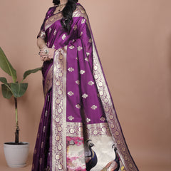 Elegant Purple Silk Saree with Peacock Design and Golden Borderc