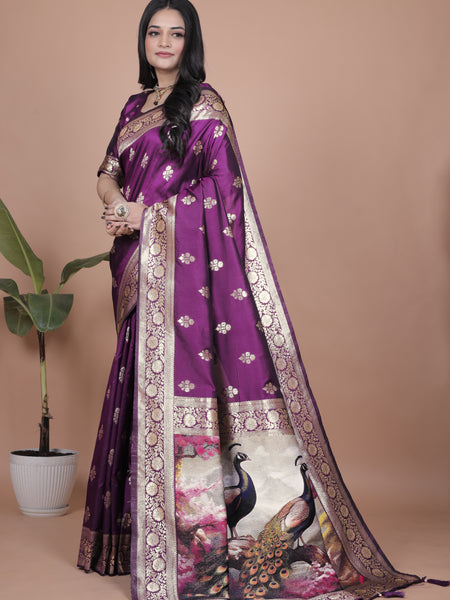 Elegant Purple Silk Saree with Peacock Design and Golden Borderc