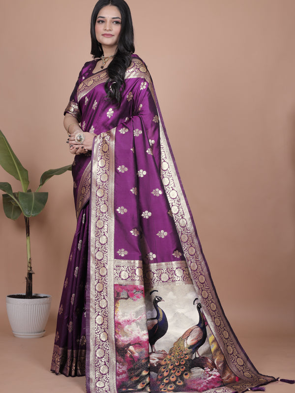 Elegant Purple Silk Saree with Peacock Design and Golden Borderc