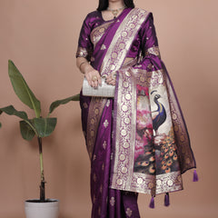 Elegant Purple Silk Saree with Peacock Design and Golden Border