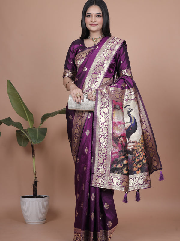 Elegant Purple Silk Saree with Peacock Design and Golden Border