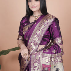 Elegant Purple Silk Saree with Peacock Design and Golden Border