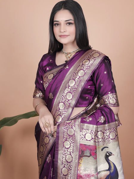 Elegant Purple Silk Saree with Peacock Design and Golden Border