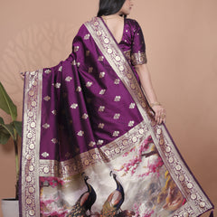 Elegant Purple Silk Saree with Peacock Design and Golden Border