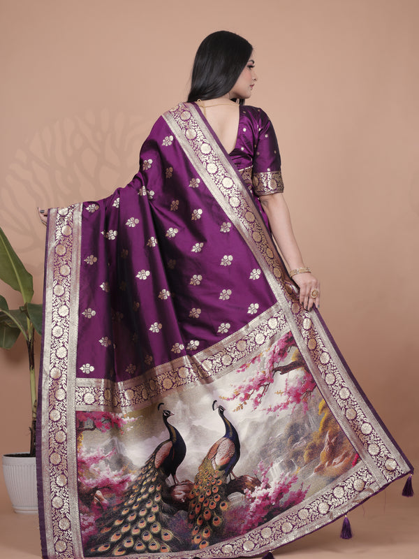 Elegant Purple Silk Saree with Peacock Design and Golden Border