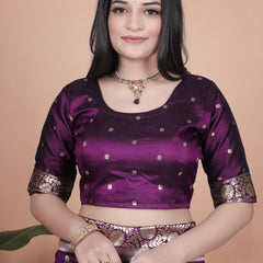 Elegant Purple Silk Saree with Peacock Design and Golden Border