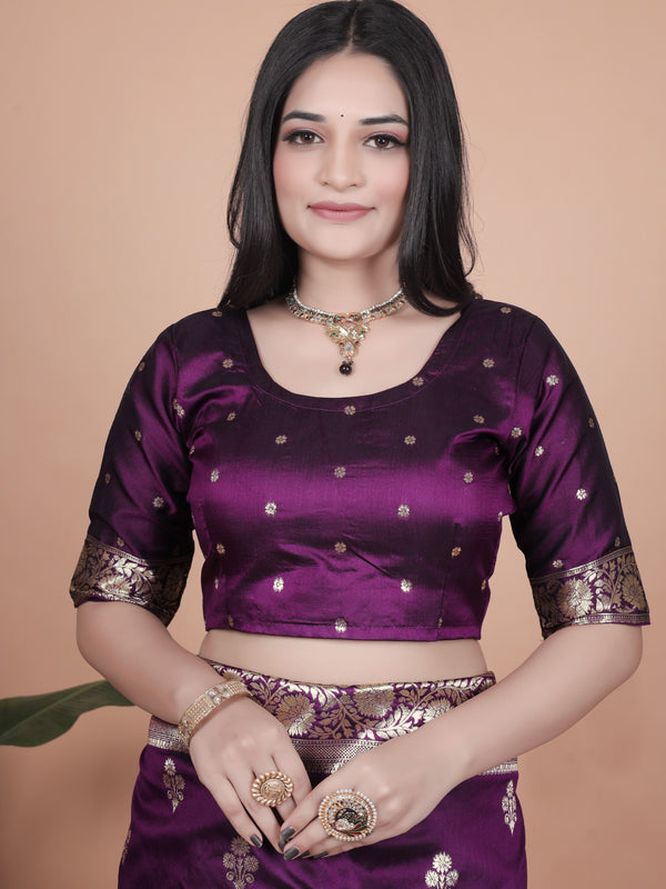 Elegant Purple Silk Saree with Peacock Design and Golden Border
