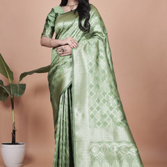 Green Banarasi Silk Saree with Traditional Zari Work and Tassel Detailing – Perfect for Weddings, Festive Occasions, and Parties