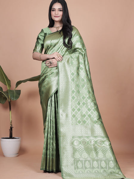 Green Banarasi Silk Saree with Traditional Zari Work and Tassel Detailing – Perfect for Weddings, Festive Occasions, and Parties