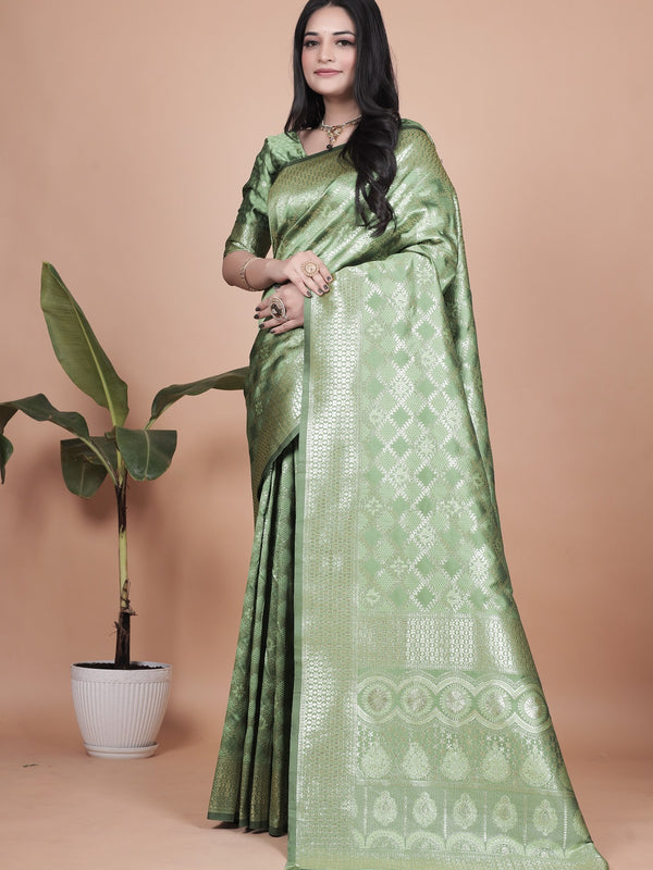 Green Banarasi Silk Saree with Traditional Zari Work and Tassel Detailing – Perfect for Weddings, Festive Occasions, and Parties