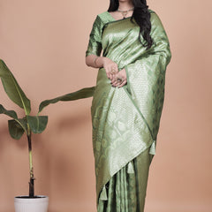 Green Banarasi Silk Saree with Traditional Zari Work and Tassel Detailing – Perfect for Weddings, Festive Occasions, and Parties