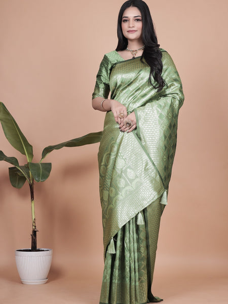 Green Banarasi Silk Saree with Traditional Zari Work and Tassel Detailing – Perfect for Weddings, Festive Occasions, and Parties