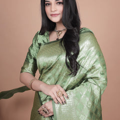 Green Banarasi Silk Saree with Traditional Zari Work and Tassel Detailing – Perfect for Weddings, Festive Occasions, and Parties