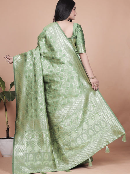 Green Banarasi Silk Saree with Traditional Zari Work and Tassel Detailing – Perfect for Weddings, Festive Occasions, and Parties