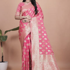 Elegant Pink Banarasi Silk Saree with Golden Zari Work & Tassel Border