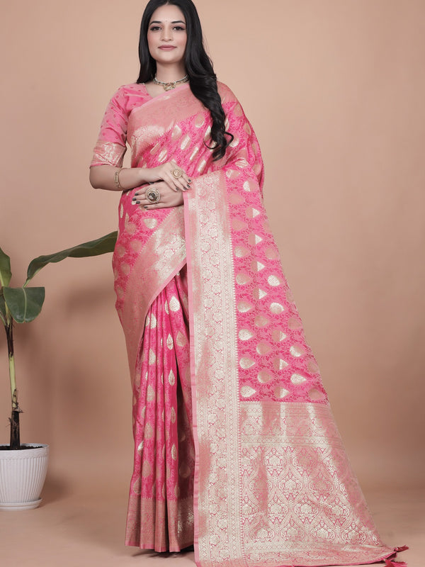 Elegant Pink Banarasi Silk Saree with Golden Zari Work & Tassel Border