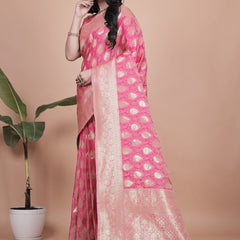 Elegant Pink Banarasi Silk Saree with Golden Zari Work & Tassel Border