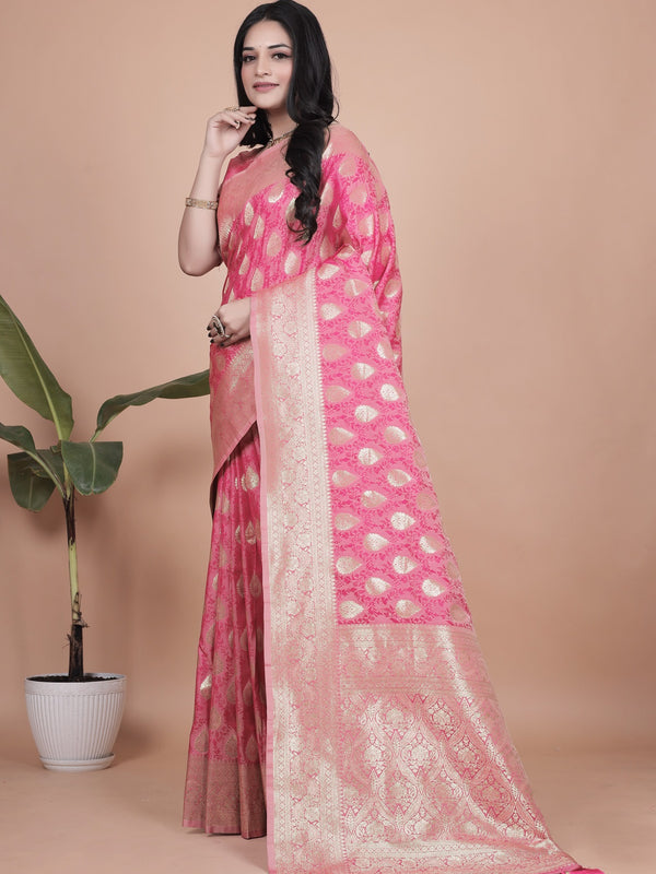 Elegant Pink Banarasi Silk Saree with Golden Zari Work & Tassel Border