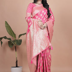 Elegant Pink Banarasi Silk Saree with Golden Zari Work & Tassel Border