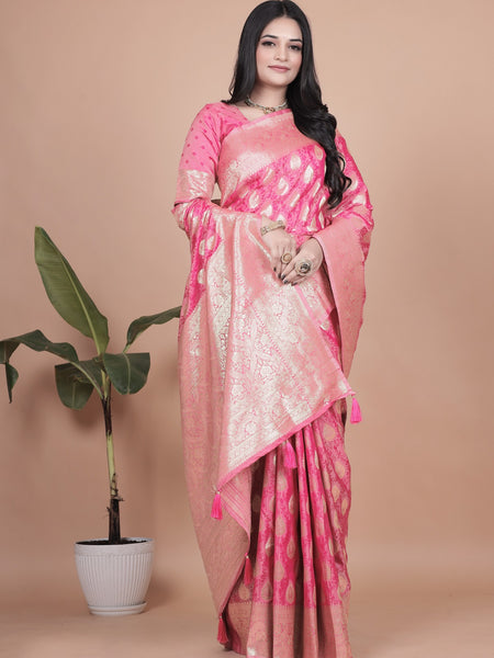 Elegant Pink Banarasi Silk Saree with Golden Zari Work & Tassel Border