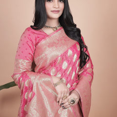 Elegant Pink Banarasi Silk Saree with Golden Zari Work & Tassel Border