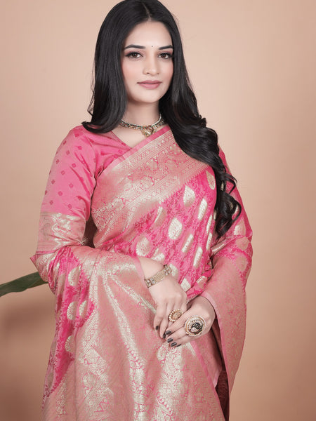 Elegant Pink Banarasi Silk Saree with Golden Zari Work & Tassel Border