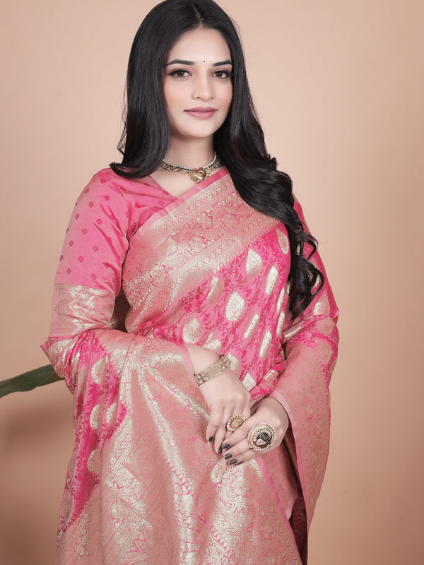Elegant Pink Banarasi Silk Saree with Golden Zari Work & Tassel Border