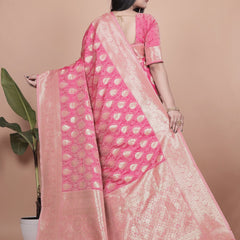 Elegant Pink Banarasi Silk Saree with Golden Zari Work & Tassel Border