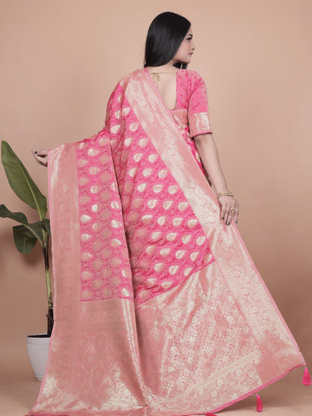 Elegant Pink Banarasi Silk Saree with Golden Zari Work & Tassel Border
