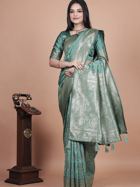 Exquisite Green Silk Saree with Gold Zari Work – Indian Wedding Saree