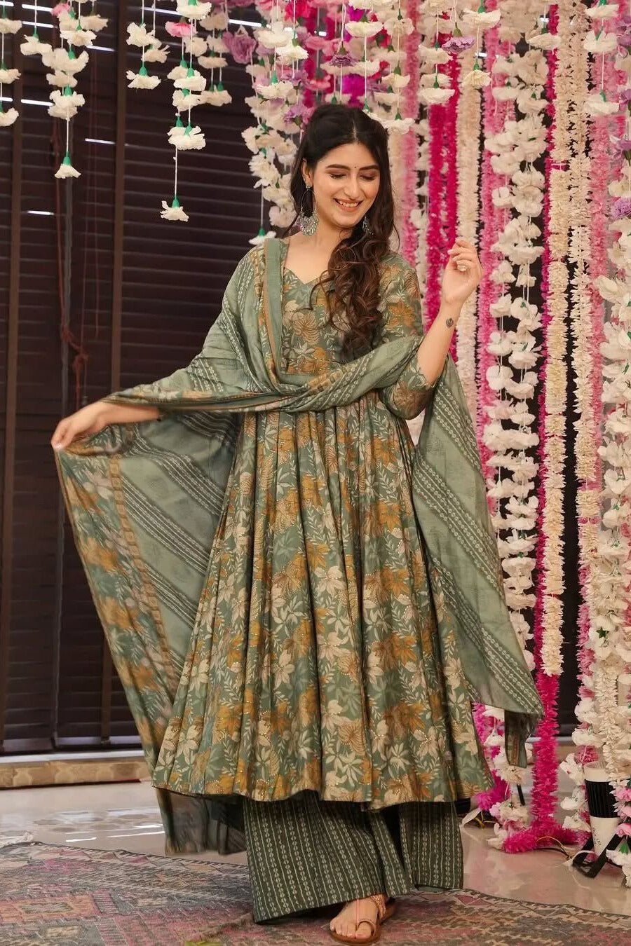 Olive Green Floral Printed Anarkali Kurta Palazzo Set with Dupatta for Women