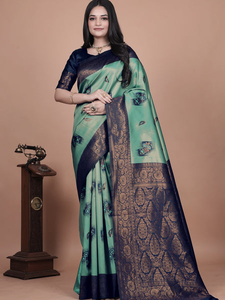 Stunning Green and Blue Silk Saree with Floral Patterns and Zari Work – Ideal for Special Occasions