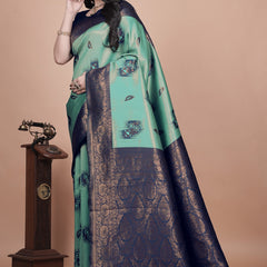 Stunning Green and Blue Silk Saree with Floral Patterns and Zari Work – Ideal for Special Occasions