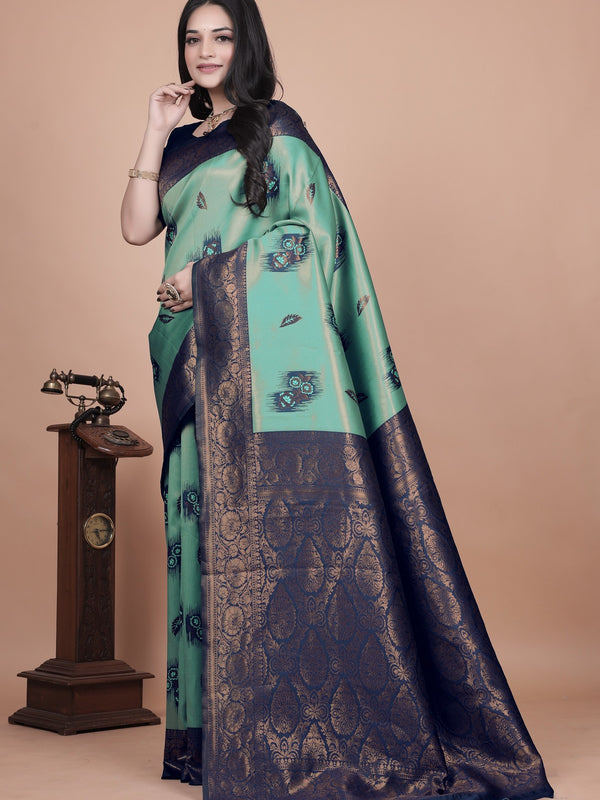 Stunning Green and Blue Silk Saree with Floral Patterns and Zari Work – Ideal for Special Occasions