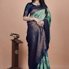 Stunning Green and Blue Silk Saree with Floral Patterns and Zari Work – Ideal for Special Occasions