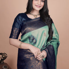 Stunning Green and Blue Silk Saree with Floral Patterns and Zari Work – Ideal for Special Occasions