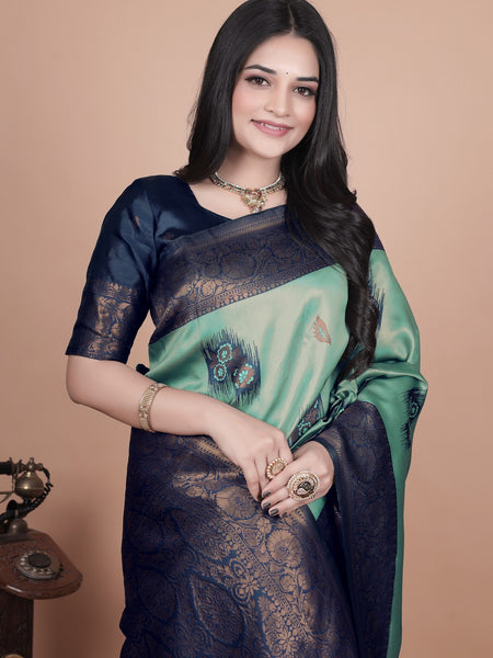 Stunning Green and Blue Silk Saree with Floral Patterns and Zari Work – Ideal for Special Occasions