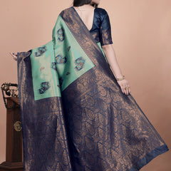 Stunning Green and Blue Silk Saree with Floral Patterns and Zari Work – Ideal for Special Occasions