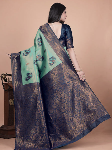Stunning Green and Blue Silk Saree with Floral Patterns and Zari Work – Ideal for Special Occasions