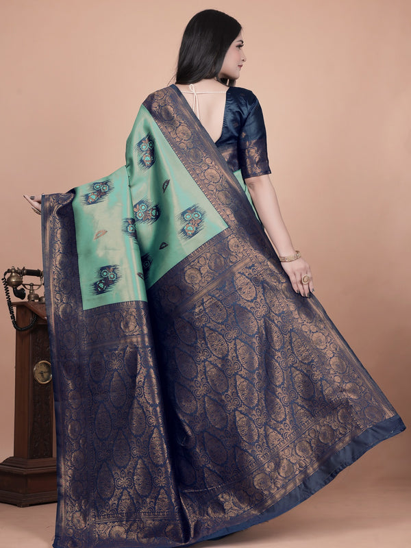 Stunning Green and Blue Silk Saree with Floral Patterns and Zari Work – Ideal for Special Occasions