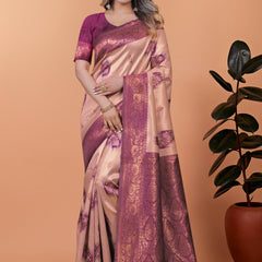 Stylish Pink and Purple Silk Saree with Golden Zari Work – Perfect for Special Occasions and Festivities