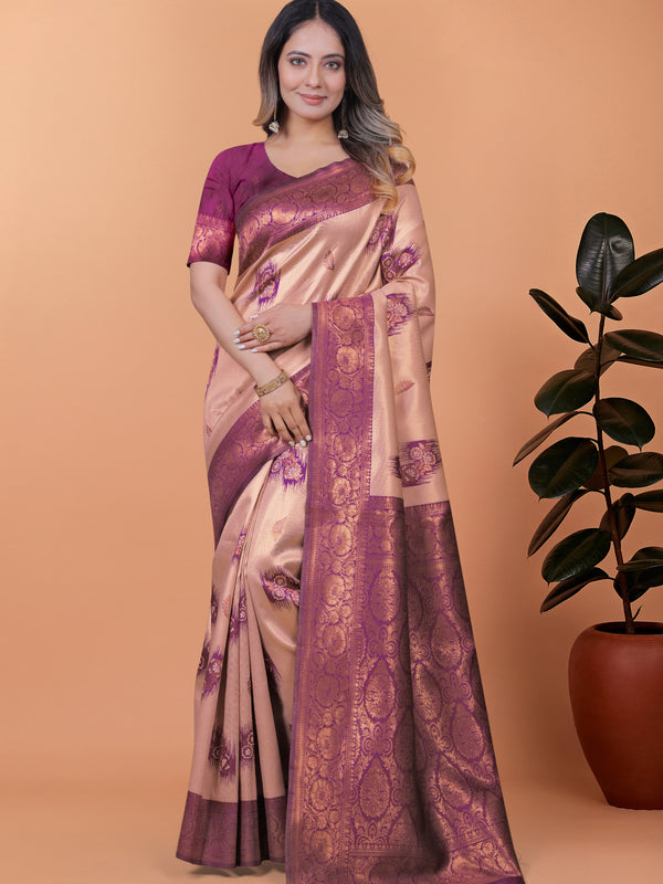 Stylish Pink and Purple Silk Saree with Golden Zari Work – Perfect for Special Occasions and Festivities
