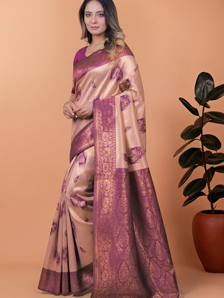 Stylish Pink and Purple Silk Saree with Golden Zari Work – Perfect for Special Occasions and Festivities